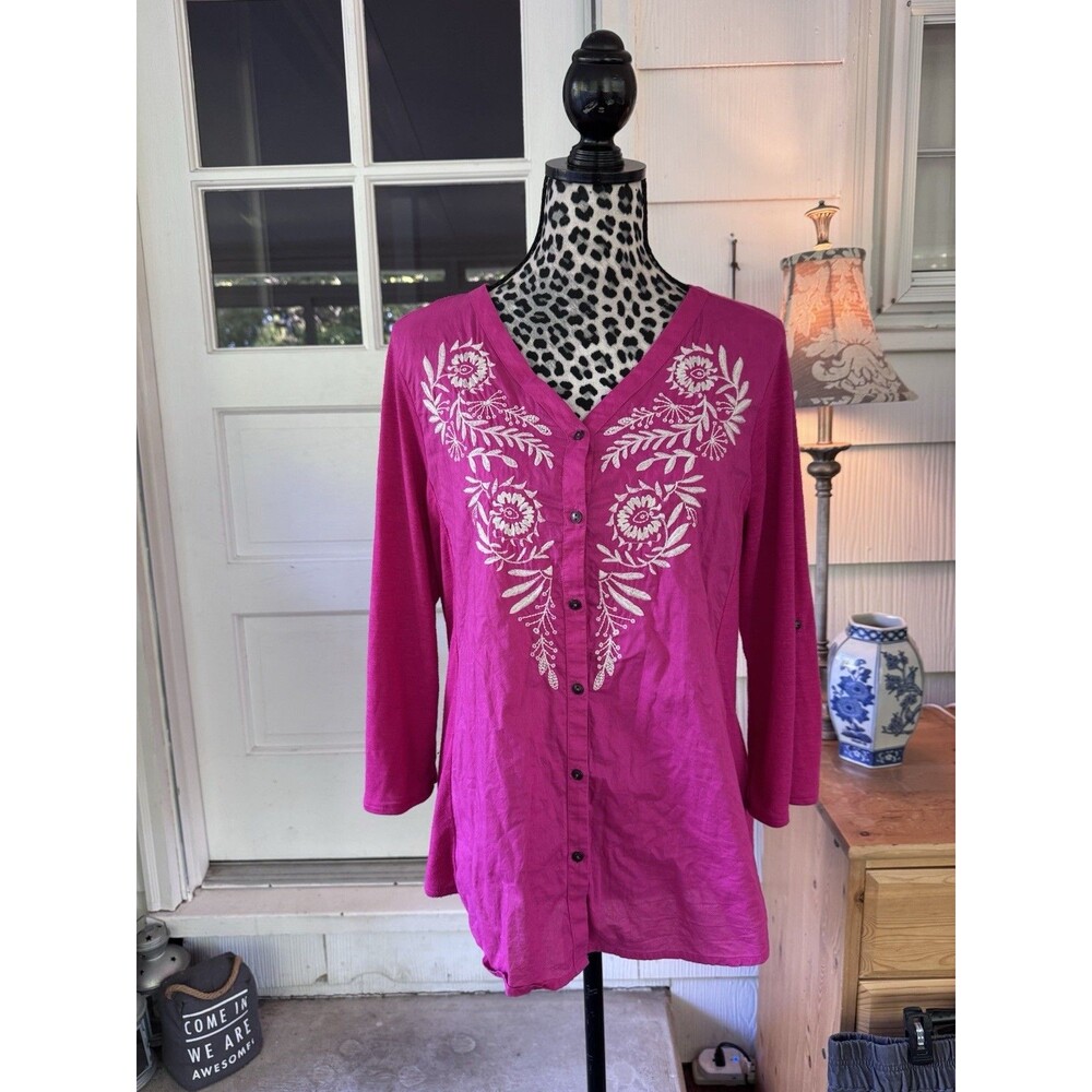 Artisan Boho Sonoma L Fuchsia Pink Embroidered Top Boho Slub Knit & Shirting
